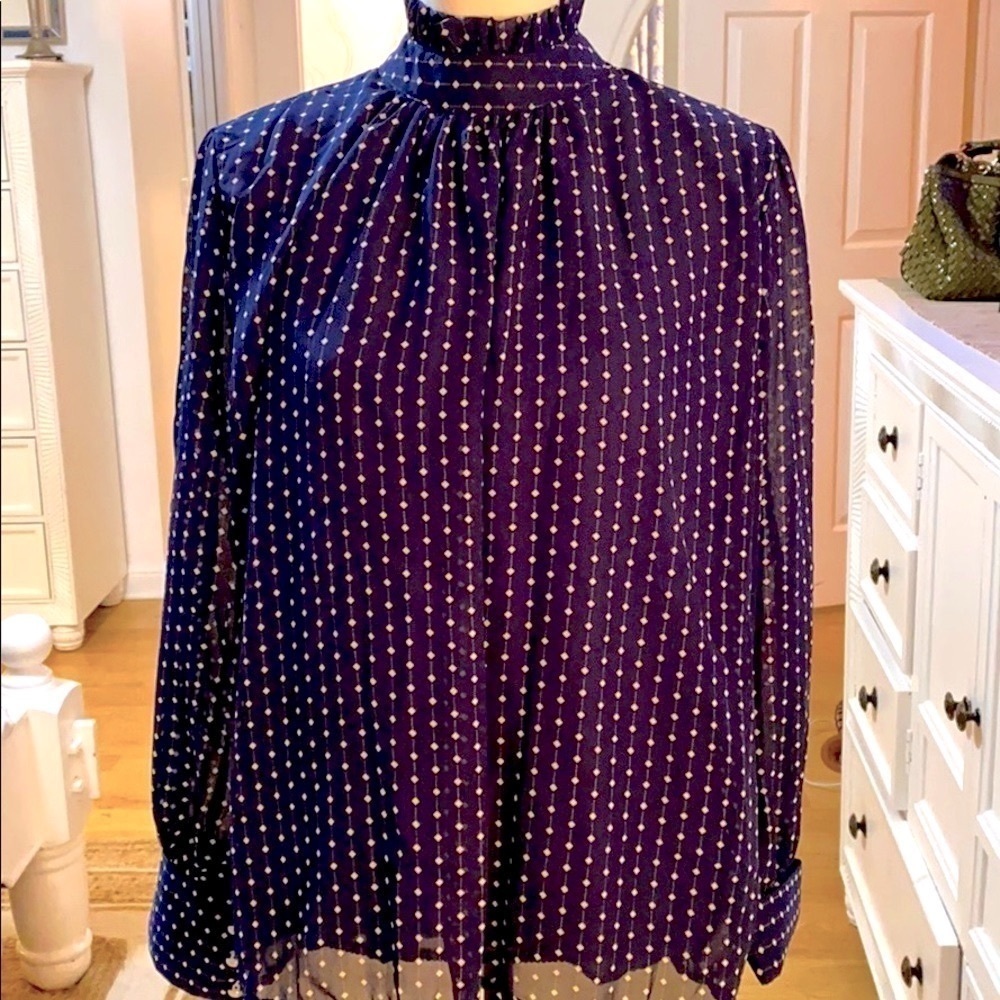Shi Long Fashion Blue & White Pleated Polka Dot High Neck Blouse Size 2XL